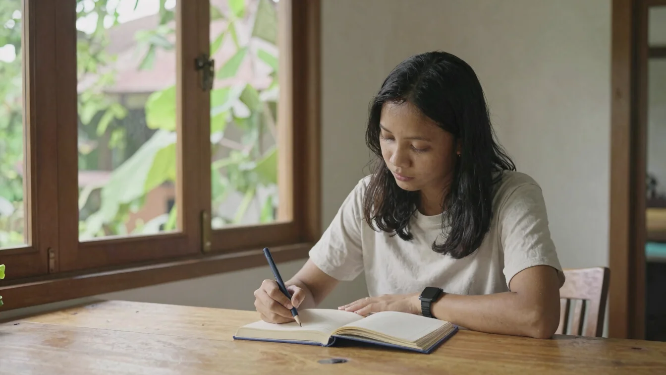 Tangan yang menulis catatan refleksi di buku harian di meja kayu