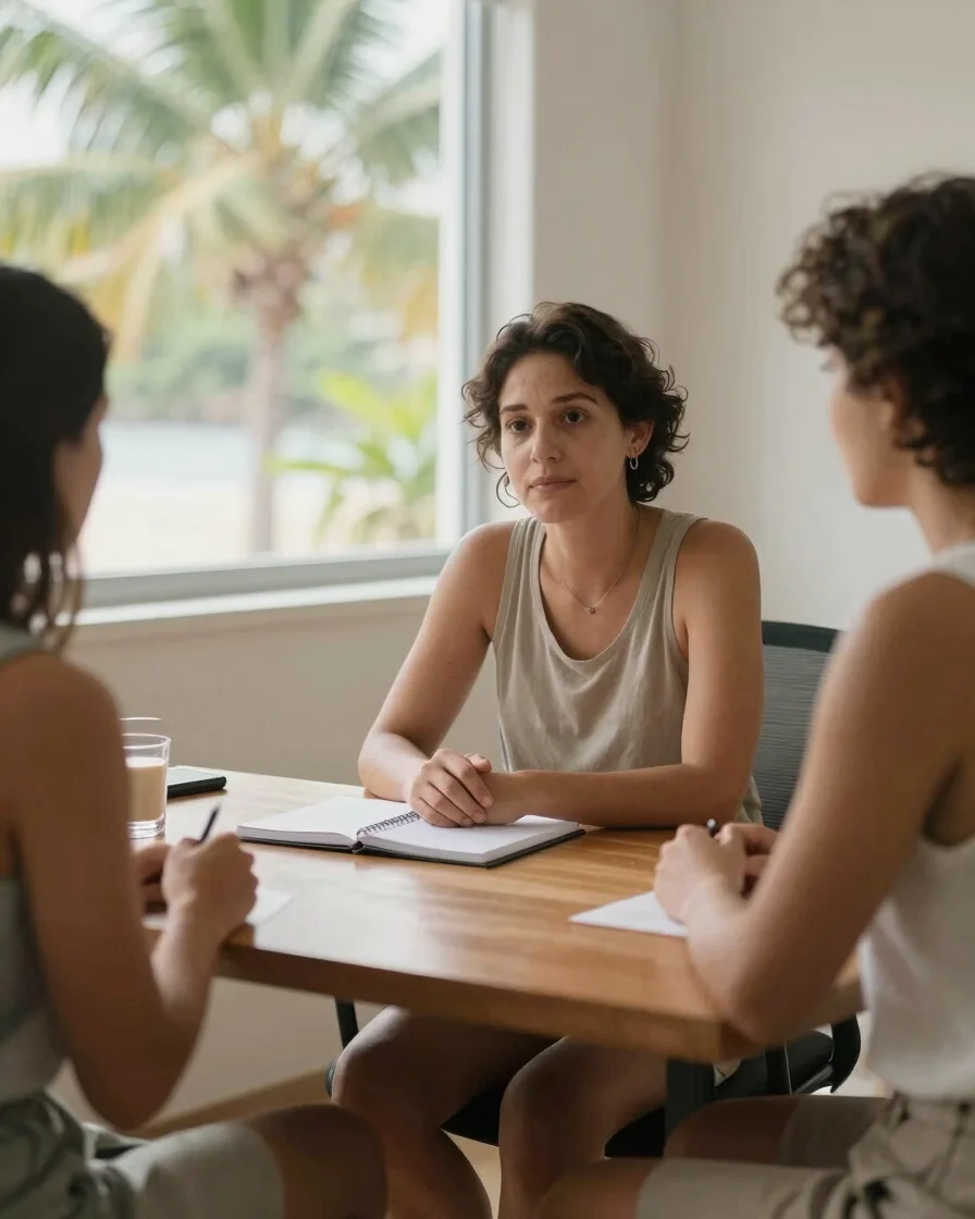 Editorial healthcare photography, soft tropical daylight, a calm consultation room with a wooden desk and a notebook, na