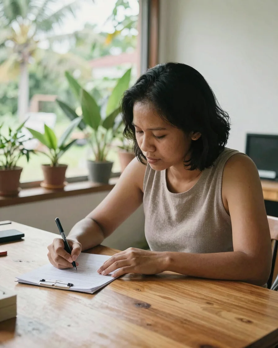 Editorial healthcare photography, soft tropical daylight, a calm Indonesian woman in her thirties seated at a bright woo