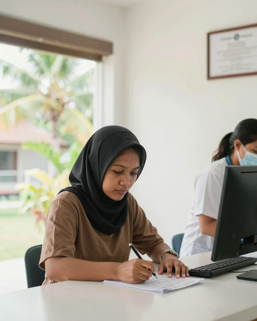 Editorial healthcare photography, soft tropical daylight, a calm Indonesian woman in her late twenties filling a registr