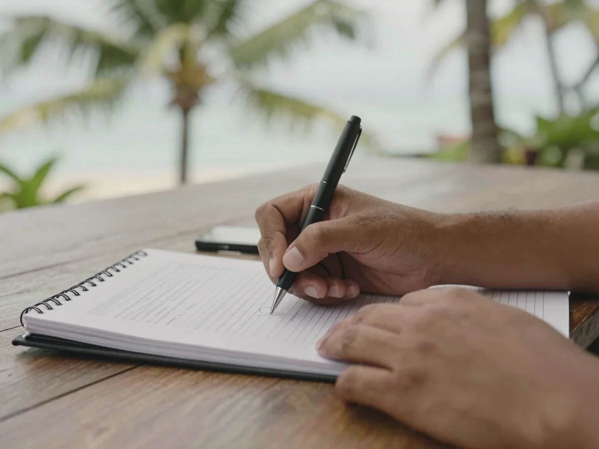 Close-up of hands writing on a registration form beside a noteboo