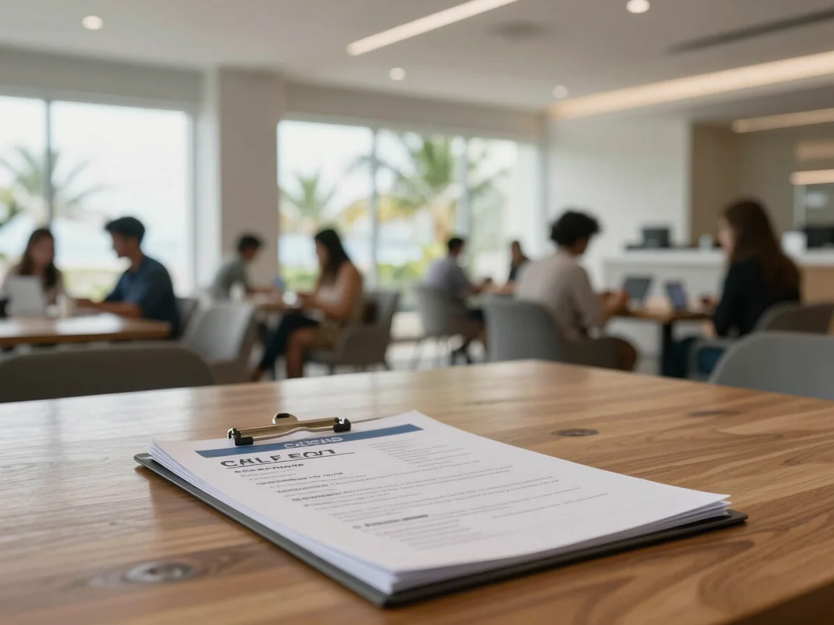 Calm wide view of a bright office lounge with a folder of printed