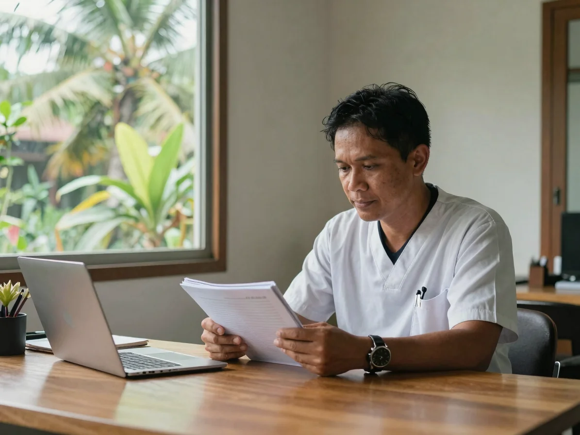 Editorial healthcare photography, soft tropical daylight: a working-age Indonesian professional reading a printed notebo