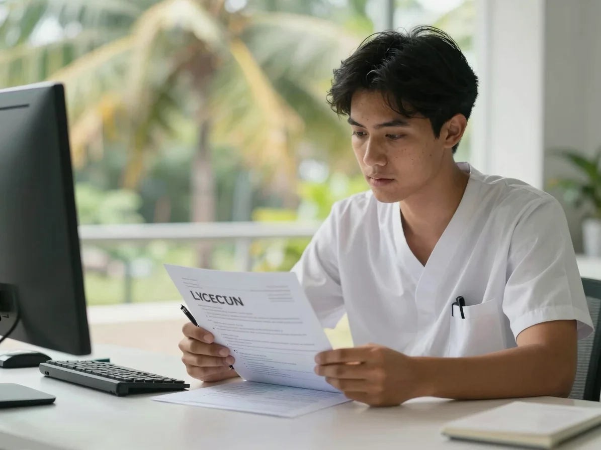 Editorial healthcare photography, soft tropical daylight: a young professional reviewing a simple printed CV with a pen