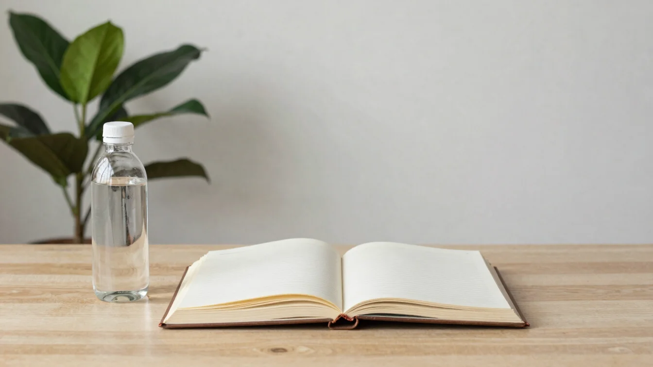 Meja belajar sederhana dengan buku catatan dan botol air, tanaman