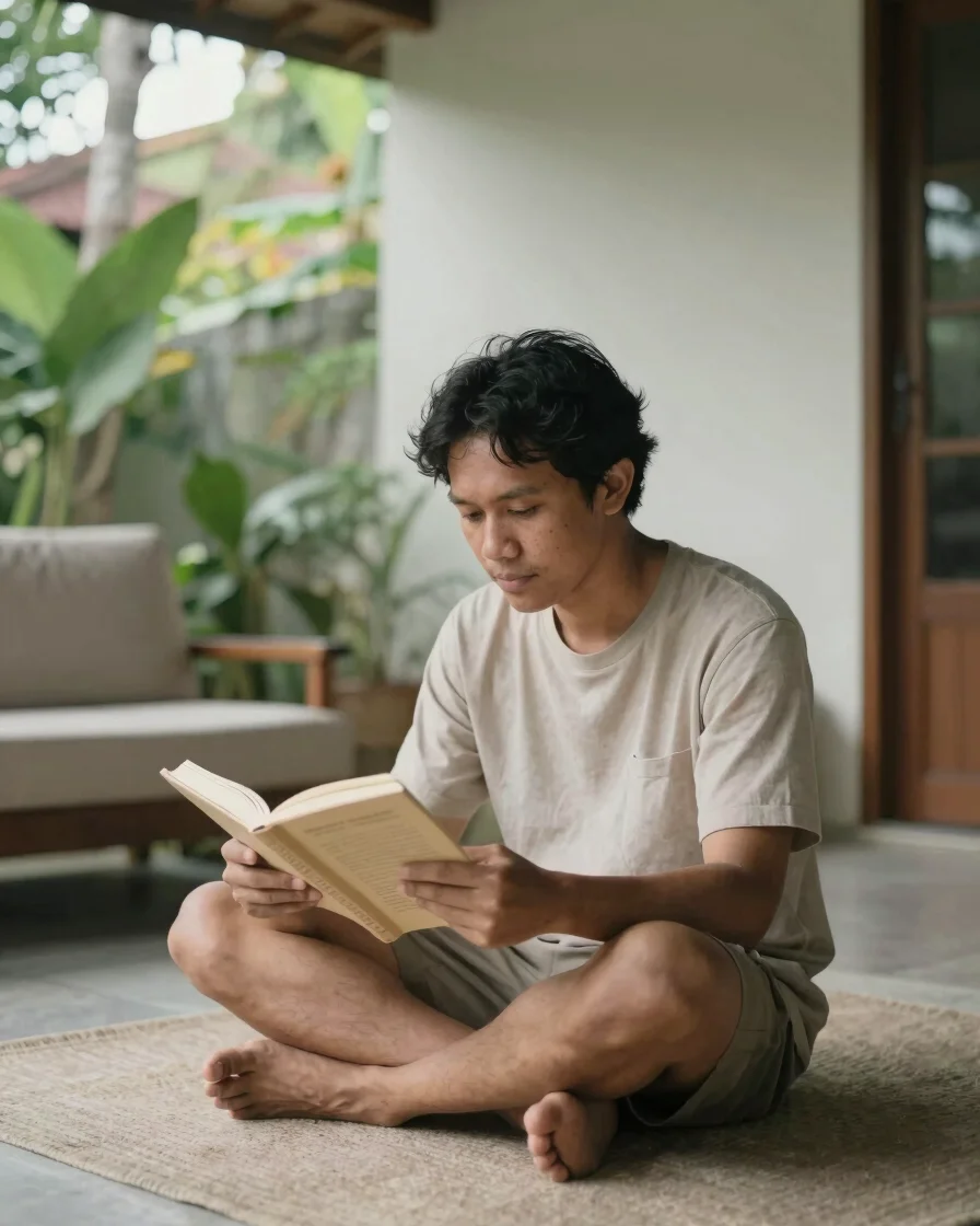 Seseorang duduk tenang di ruang tamu rumah tropis membaca catatan hasil, cahaya siang lembut, warna netral hangat, fotog