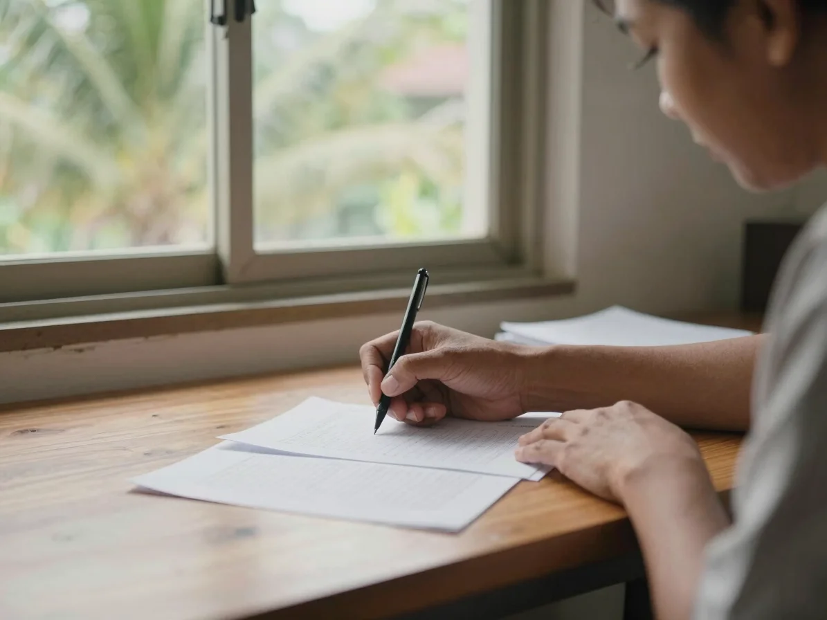 Wide editorial photograph of an Indonesian adult writing answers on paper at a wooden desk near a tropical window, soft